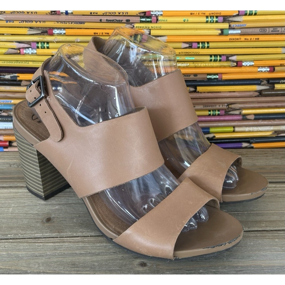 Clarks Sandals Heels Beige Leather Wood Banoy Tulia Woman's 10 M